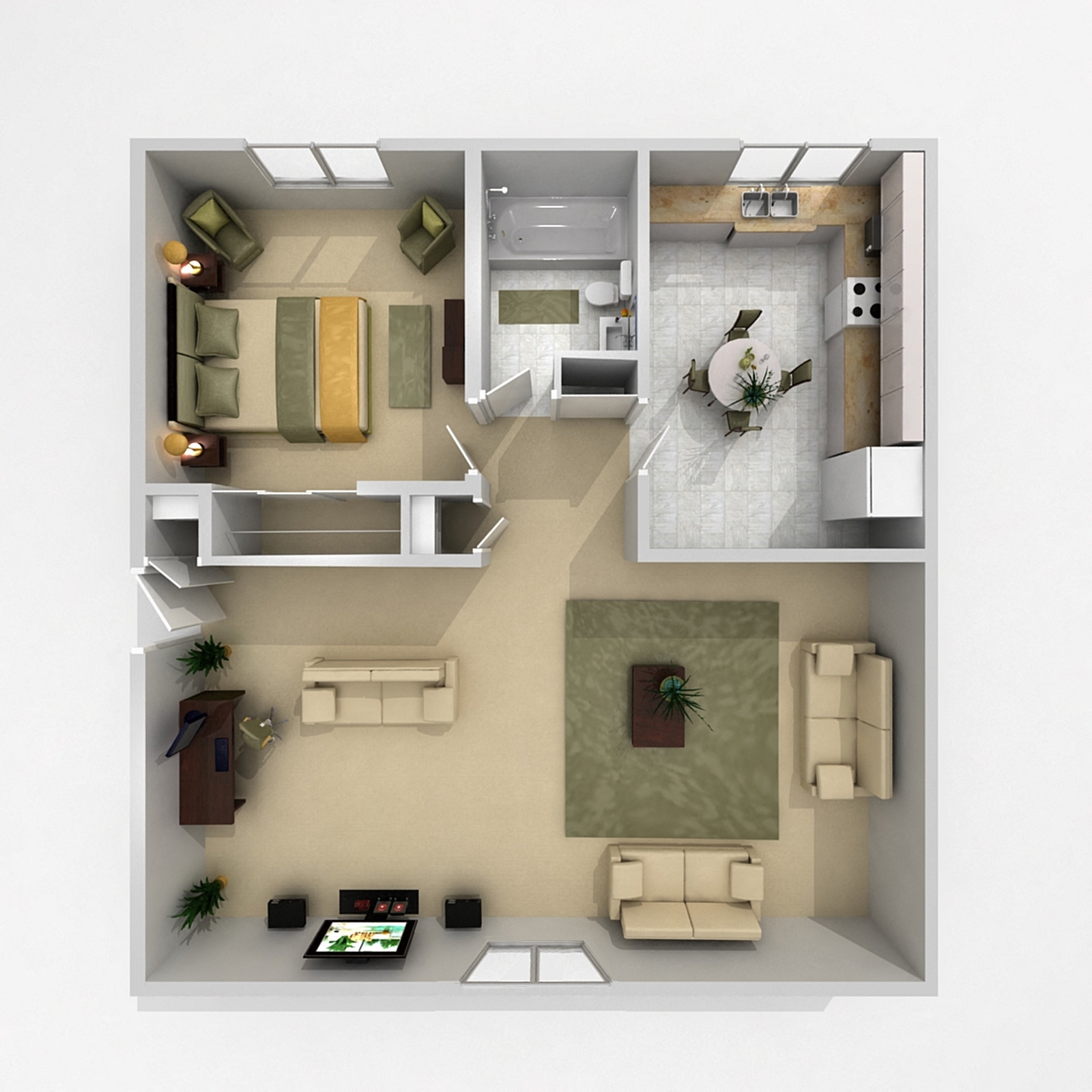 Floor plan for 1 bed, 1 bath, 670 sqft
